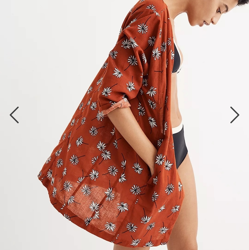 Madewell Brown Maldives Fresh Daisies Open Front Cotton Cover-Up Robe Kimono L